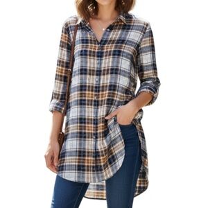JAG Jeans Blue Brown White Plaid Button Down Women’s Magnolia Tunic  - Size XL